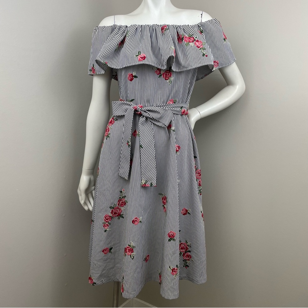 Calvin Klein Black and White Striped Dress with Pink Floral Accents